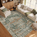 5x7 Area Rugs for Living Room Bedroom, Washable Rug, Green Vintage Retro Boho Rug, Non Slip & Low Pile Faux Wool Thin Carpet for Indoor Dining Room and Kids Room(Green/Brown 5x7ft)