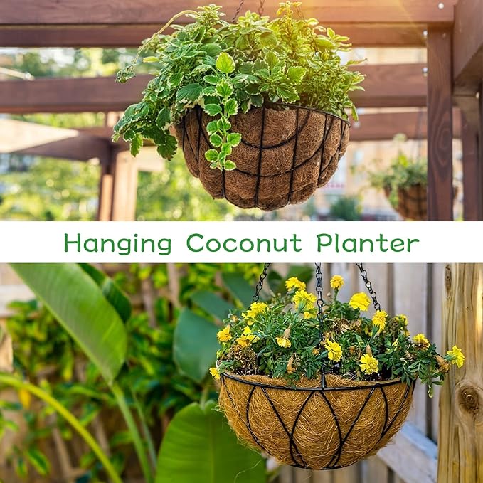 Riare 4 Pack 14 Inch Round Coco Liners Replacement, 100% Natural Coconut Coir Liners for Hanging Baskets, Garden Flower Vegetables Planter Pot, Window Box, Fence, Decks