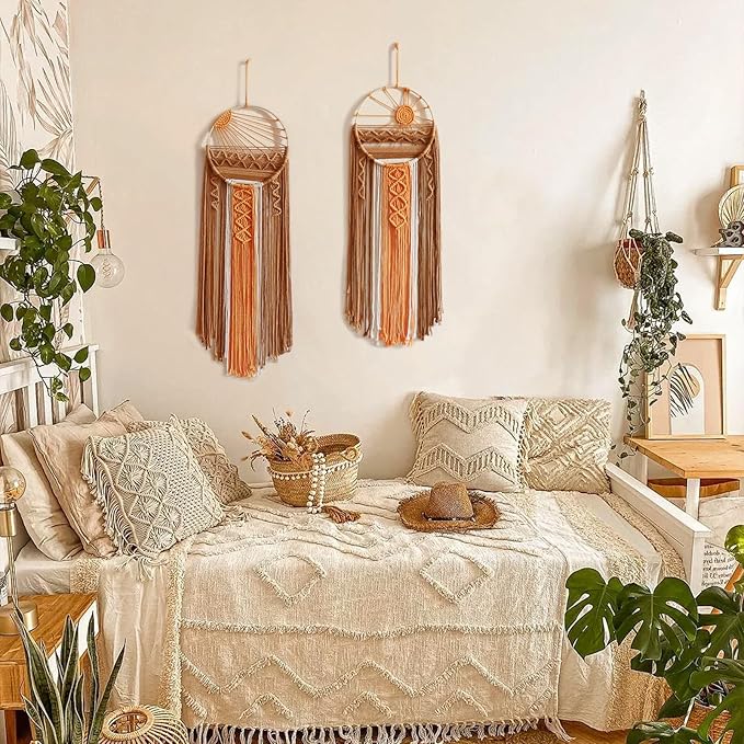 2 Pack Macrame Sun Wall Decor Set - Hand Woven Sunrise Sunset Boho Hanging Tapestry Wall Art, Orange Brown Rustic Dream Catcher Home Decor for Bedroom Living Room Nursery (Brown 2pcs)