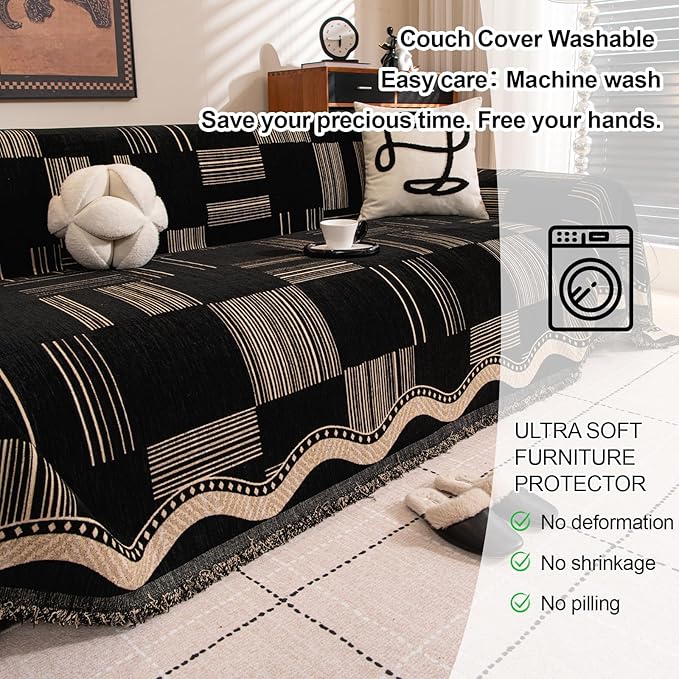 ROOMLIFE Dark Coffee Couch Cover Sofa Covers, Chenille Couches Covers for 3 Cushion Sofas, Non Slip Soft Breathable Sofa Slipcovers for Pet, Washable Furniture Protector with Tassel,71''X134”