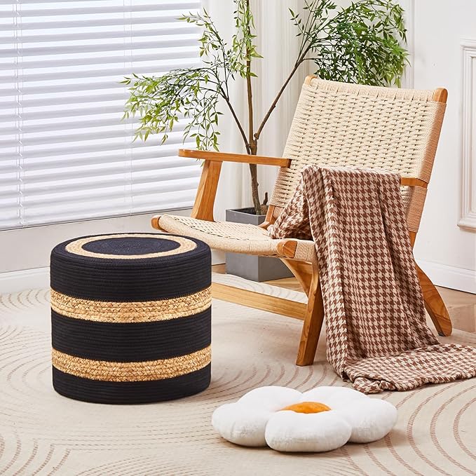 Wimarsbon 2Pcs Pouf Ottomans, Natural Seagrass Foot Stool, Hand Weaving Round Ottoman, Boho Decorative Seat, Jute Braided Pouffe Poof Accent Sitting Footrest for Living Room (18inch 68LH)
