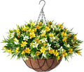 Artificial Hanging Flowers with 12" Basket for Outdoor Decor, Faux Silk Daisy Flower UV Resistant Plants Arrangements Decoration for Indoor Porch Garden Yard(Yellow)