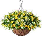 Artificial Hanging Flowers with 12" Basket for Outdoor Decor, Faux Silk Daisy Flower UV Resistant Plants Arrangements Decoration for Indoor Porch Garden Yard(Yellow)
