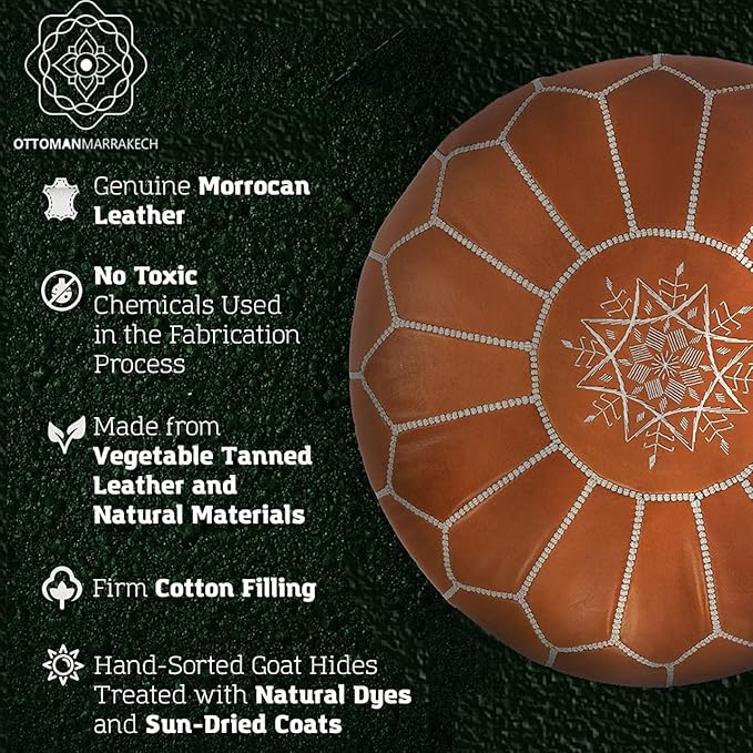 Unstuffed Genuine Round Leather Pouf | Moroccan Ottoman Footstool, Footrest Cover | Super Soft Handmade Ottoman Faux Comes in 20" D x 20" W x 14" H