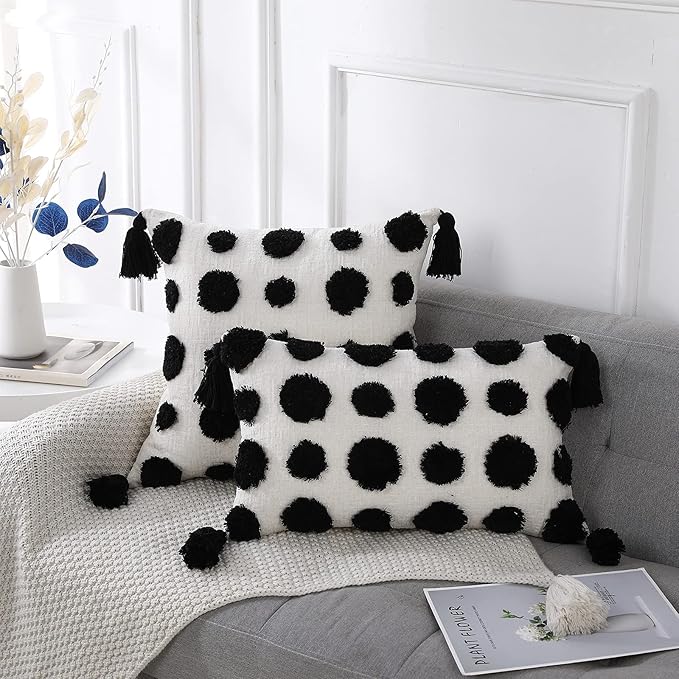 PANOD Super Soft Farmhouse Decorative Plush Throw Pillow Covers 26 x 26 Black,Solid Pom pom Tufted with Tassels Modern Accent Boho Square Cushion Cover Pillow Case for Couch Sofa