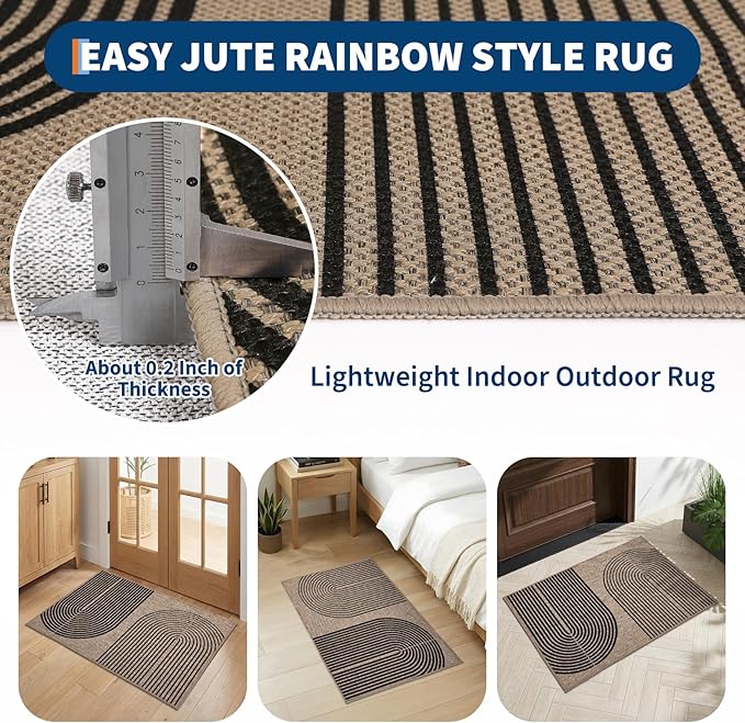 GarveeHome Modern Rainbow Easy Jute Rug, 2x3 Easy Jute Entryway Rug - Non-Slip Indoor Outdoor Doormat, Washable & Non-Shedding for Front Door, Kitchen, Farmhouse Porch
