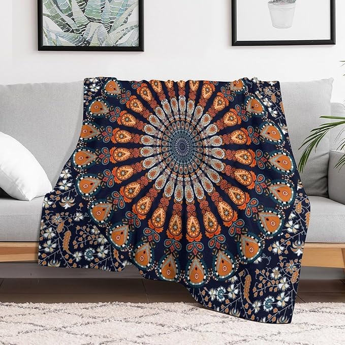 Indian Hippie Bohemian Throw Blanket Beautiful Peacock Mandala Blanket for Sofa Bed Couch Chair Or Dorm 50"x60"