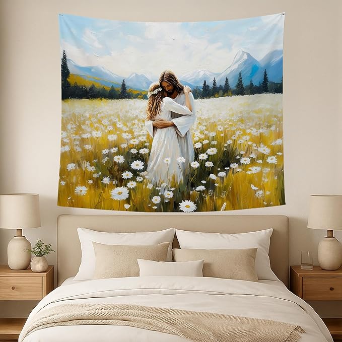 bitCNY Jesus Embracing Woman Tapestry 60x50 Inches – Inspirational Christian Wall Art, Flower Field Tapestry for Bedroom Living Room, Faith and Hope Decor