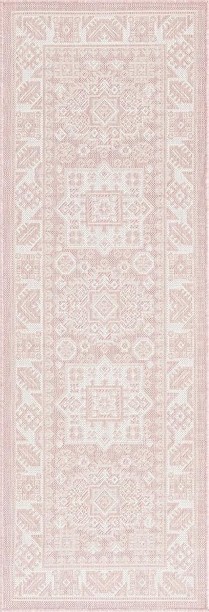 Rugs.com Outdoor Aztec Collection Rug – 6 Ft Runner Pink Flatweave Rug Perfect for Hallways, Entryways