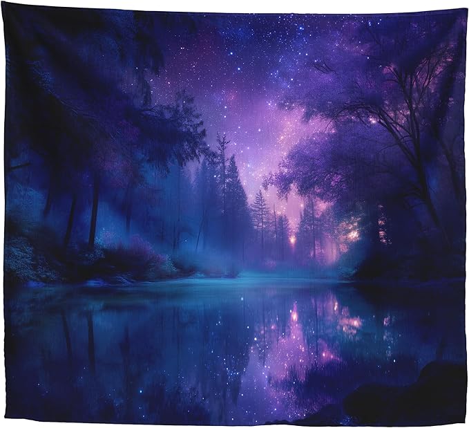 Xolytar Purple Galaxy Forest Tapestry - Starry Night Sky with Misty Trees & Lake Reflection, Dreamy Indie Aesthetic, Cosmic Wall Art for Teen Girls Bedroom Dorm Decor (50x60)