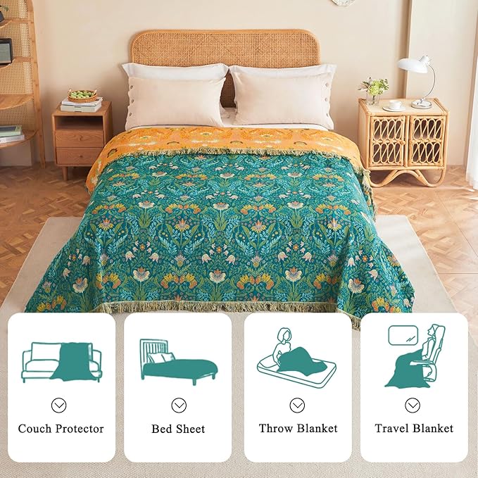 Boho Throw Blanket - 50"x60" 100% Cotton Soft Breathable Lightweight Bed Blanket, Reversible Muslin Spring Blankets Green Floral Farmhouse Decor Rustic Quilt for Bed Couch