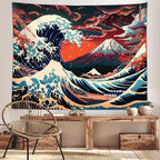 Sanzugh Cool Japanese Anime Tapestry Aesthetic, Black and Red The Great Wave Sun Mount Fuji Mountain Nature Art Tapestries Wall Hanging for Men Boys Bedroom Room Office Decor 60X40 Poster