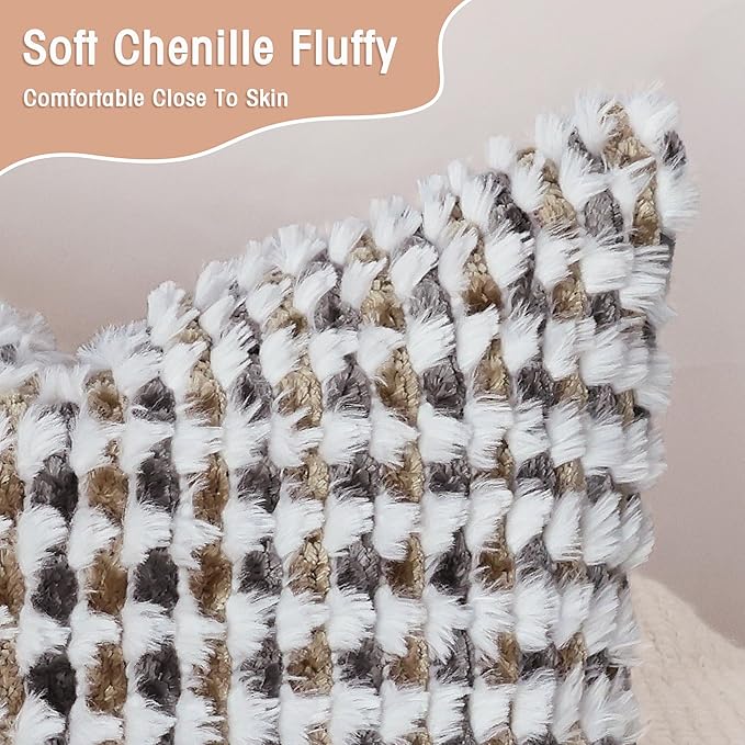 Boho Chenille Tufted Pillow Cover 14x36 Inch Set of 1, Farmhouse Striped Decorative Pillow Covers Accent Fluffy Neutral Long Body Bolster Pillow for Couch Sofa Bedroom Living Room, Brown Gray