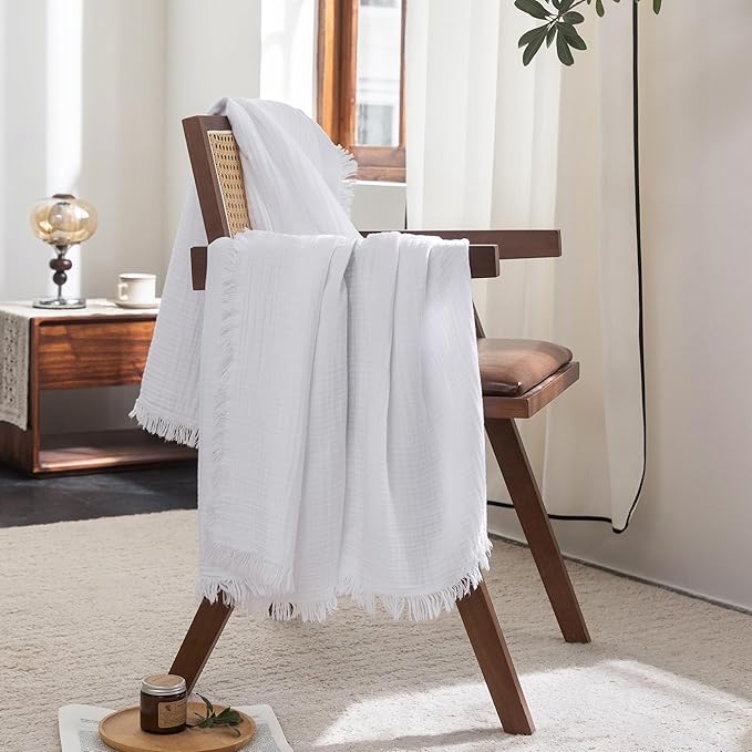 FOSSA Muslin Blanket with Fringe - 4-Layer 100% Cotton Gauze Super Soft & Breathable Throw -Lightweight Decorative Cooling Blanket for Bed, Sofa, Office -Throw XL Size 70" x 50" (Bright White)