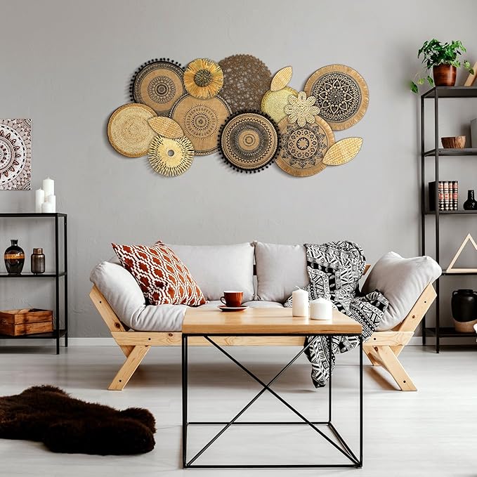 Xuhal 15 Pcs Boho Wall Basket Decor Handcrafted Seagrass Woven Wall Basket Rustic Round Woven Hanging Art for Home Farmhouse Kitchen Table Living Room(Mixed Colors Style)