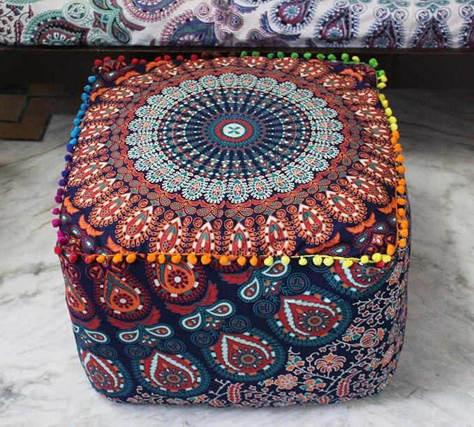 CRAFT KALA Indian Square Patchwork Traditional Pouf Cover Indian Living Room Poufs Cover Decorative Designer Ottoman Home Living Footstool Pom Ottoman Cover Decor 22X22X14 inches, Multi-Color Mirchi