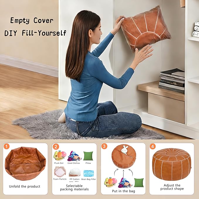 Thgonwid Unstuffed Moroccan Storage Pouf Foot Stool Ottoman Seat Handmade Faux Leather Bean Bag Floor Chair Foot Rest for Living Room, Bedroom or Balcony (Brown)