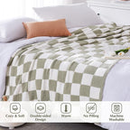 WRENSONGE Checkered Throw Blanket, Sage Green Soft Cozy Fluffy Hand Made Throw Blankets for Couch, Sofa, Chair, Bed, Camping, Picnic, Travel Lightweight Bed Blankets for Women Mothers Birthday Gifts