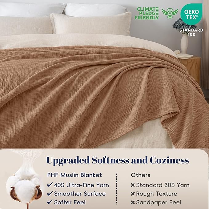 PHF 100% Cotton Muslin Blanket King Size 108"x90", 4-Layer Lightweight Gauze Throw, Breathable Cloud-Soft Minimalist Blanket for Bed, Couch, Camping & Baby, Coco Brown, Ideal Gift