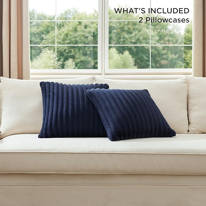 Bedsure Double-Side Striped Throw Pillow Covers 18x18 Set of 2, Spring Fluffy Blue Soft Decorative Pillow Covers, Home Decor for Couch Sofa Living Room Bedroom