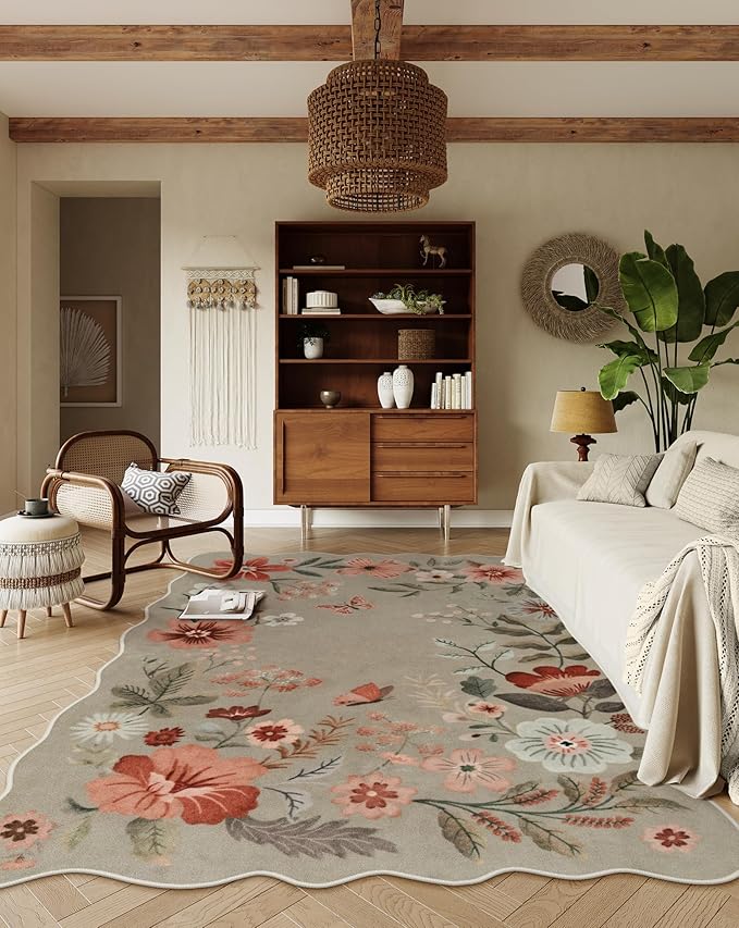 Lahome Floral Washable Rugs for Living Room, 5x7 Area Rugs Soft Non-Slip Stain Resistant Boho Low-Pile Throw Large Carpet for ‎Bedroom Dining Room Office Flore, Brown