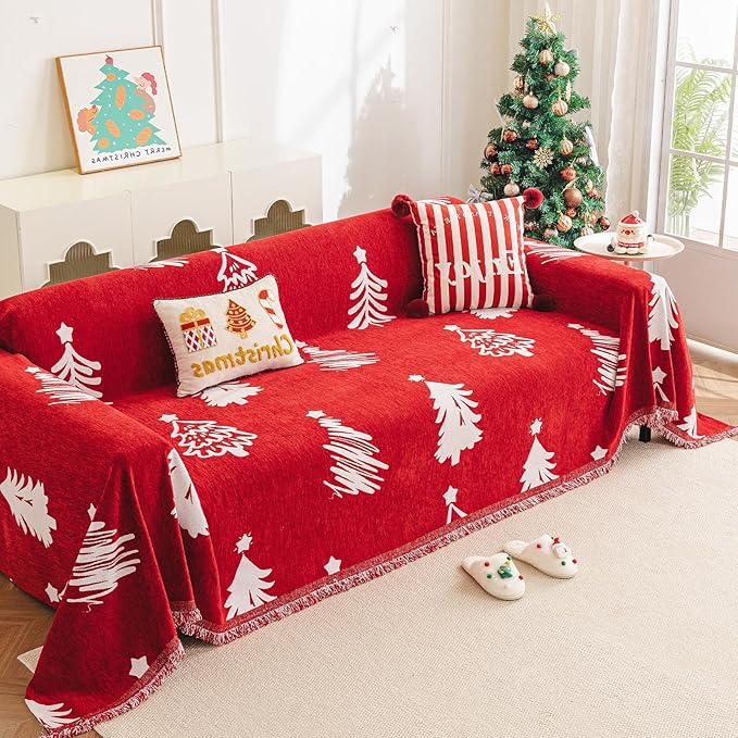 hyha Couch Cover for Dogs, Boho Sofa Covers for 3 Cushion Couch Washable, Chenille Sofa Slipcover for Pets, Soft Loveseat Sectional Couch Throw Blankets with Tassels (Red Christmas Tree, 71x118 Inch)