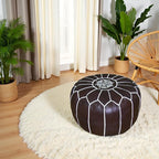 Stuffed Round Design Moroccan Leather Pouf Ottoman, Handmade, Pre-Filled, 100% Genuine Leather, 13” Height x 20” Diameter, Footstool & Living Room Décor (Chocolate)