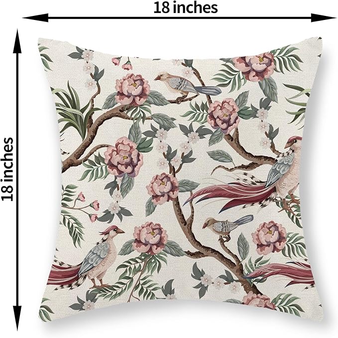 Chinoiserie Pillow Covers 18x18 Set of 2 Pink Green Bird Floral Throw Pillows Vintage Pink Flower Bird Decorative Pillow Cases Chinoiserie Decor Farmhouse Outdoor Cushion Case for Couch Sofa