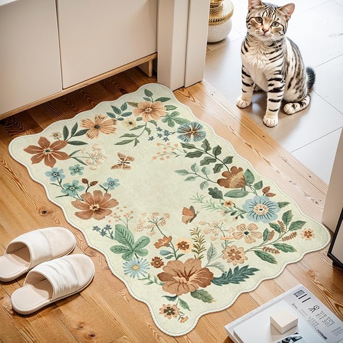 Lahome Floral Small Rug, 2X3 Kitchen Rugs Non Slip Washable Rug Ultra-Thin, Soft Front Door Mat Indoor Entrance Stain Resistant Boho Low-Pile Entry Carpet for Bathroom Bedroom Flore (2x3ft,Beige)