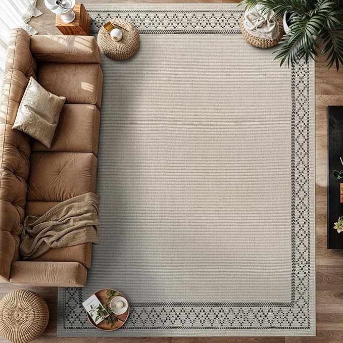 Easy Jute Rugs 6x9 Frame Bone Color Living Room Indoor Outdoor Area Rug for Patio and Kitchen Rug High Traffic Washable Easy to Clean Solid Boho Woven Design Carpet (6 x 9)