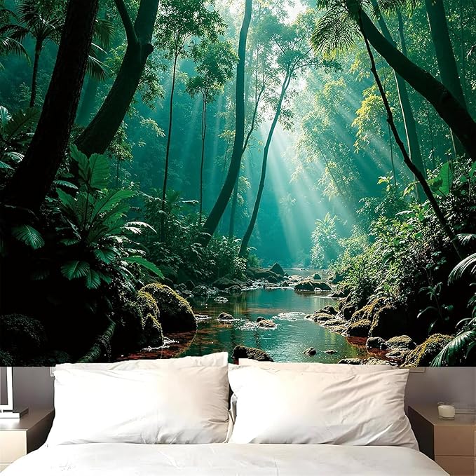Atrippy Forest Nature Green Tapestry for Bedroom, Misty Landscape Backdrop Wall Hanging Aesthetic, Large Wall Mural Rainforest Stream Tapestries Outdoor Art Decor for Living Room Dorm 60x79 Inches
