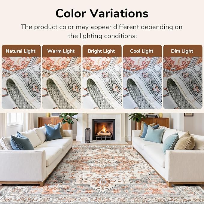 Lessymo 9×12 Area Rugs Washable for Living Room, Large Soft Indoor Rug Non-Slip for Bedroom Kitchen Dining Room Dorm Nursery, Vintage Boho Carpet Stain Resistant for Office Home Decor, Orange/White