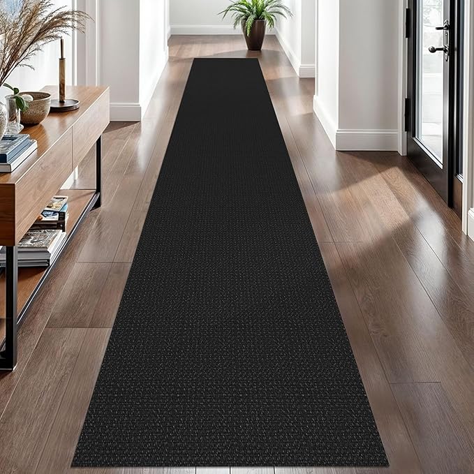 EARTHALL Woven Runner Rug 2x12 Ft Washable Runners for Hallways Extra Long Cotton Non Slip Rubber Backed Kitchen Runner Braided Indoor Floor Carpet for Entryway, Hall, Kitchen, Black/Grey