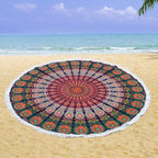 Round Beach Tapestry Turquoise Mandala Throw/Boho Hippie Beach Blanket Roundie/Indian Cotton Bohemian Large Round Table Cloth-Home Decor/Yoga Mat Meditation Picnic Rug (42", Orange and Green)