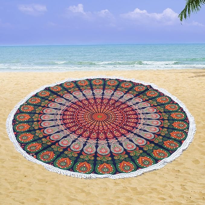 Round Beach Tapestry Turquoise Mandala Throw/Boho Hippie Beach Blanket Roundie/Indian Cotton Bohemian Large Round Table Cloth-Home Decor/Yoga Mat Meditation Picnic Rug (42", Orange and Green)