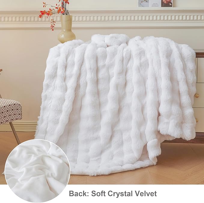 LIFEREVO Luxury Fluffy Faux Rabbit Fur Blanket, Plush Fuzzy Bubble Throw for Couch Sofa, Cozy Comfy Furry Bed Blanket Home Decoration, Aesthetic Shaggy Throw for Bedroom Living Room, 60x90, White