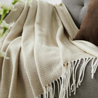 BOURINA Throw Blanket Decorative Faux Cashmere Fringe Lightweight Throw Soft Cozy for Bed or Sofa Outdoor Blanket, 50" x 60" Light Beige