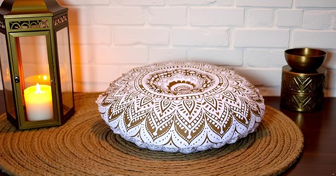 32" Gold Mandala Barmeri Large Floor Pillow Cover Cushion Meditation Seating Ottoman Throw Cover Hippie Decorative Zipped Bohemian Pouf Ottoman Poufs, Pom Pom Pillow Cases (White Gold, 32" Round)