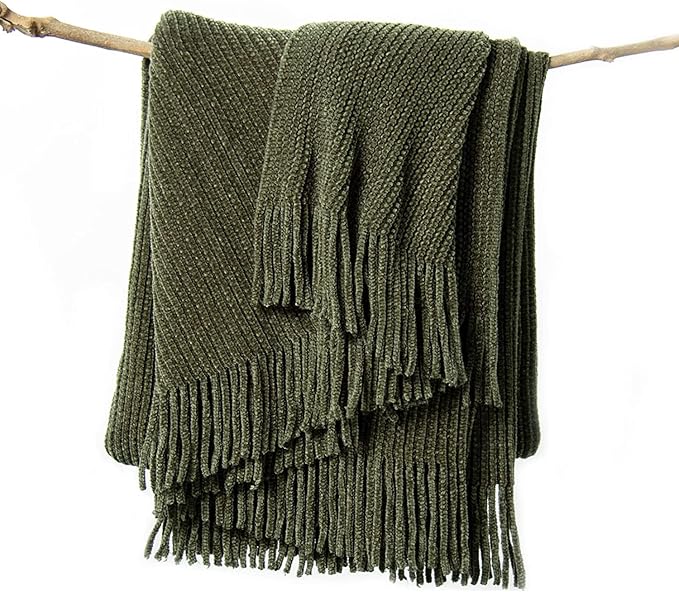 lifein Throw Blanket for Couch, Soft Green Boho Decor Bed Throw,Cozy Knitted Chenille Farmhouse Lightweight Throw (Olive Green,60 * 80")