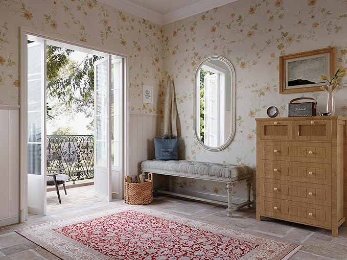 Farmhouse Boho Beaded Oval Arched Wall Mirror, 24" x 48" Rustic Wooden Large Wall Mirror for Bathroom, Bedroom, Entryway, Living Room, Hang Horizontally or Vertically.