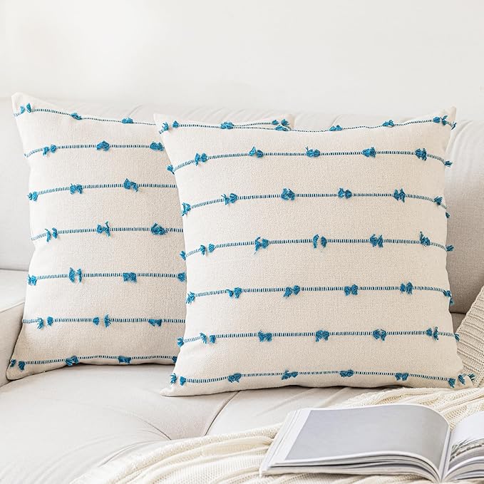 Boho Throw Pillow Covers 20x20 Set of 2 Modern Farmhouse Decorative Cushion Case Tufted Linen Square Pillows Cover Neutral Pillow Cases Accent Pillowcase for Sofa,Couch,Bed,Beige and Blue