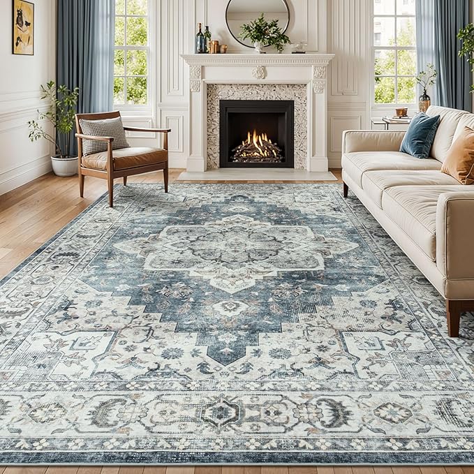 Lessymo 8x10 Vintage Medallion Rug for Living Room, Machine Washable Area Rugs for Bedroom Dining Room Under Table, Soft Low Pile Carpet with Non Slip Backing, Blue Grey/Beige
