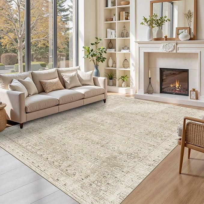 6x9 Area Rugs for Living Room Bedroom, Beige Large Washable Neutral Rug, Vintage Floral Retro Boho Non Slip & Low Pile Carpet for Indoor Dining Room, Classroom, Dorm, Nursery and Kids Room
