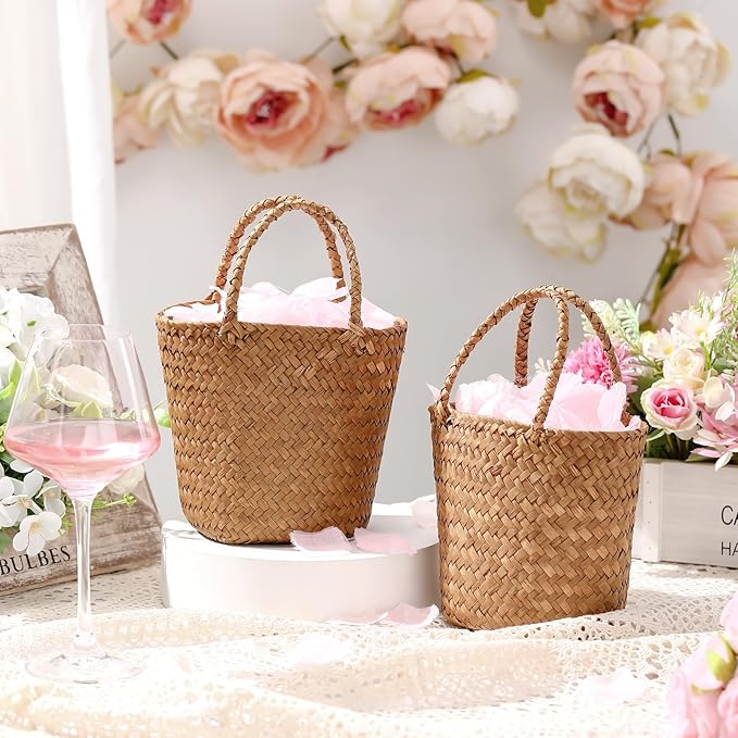 LemonRoad 2 Pcs Flower Girl Basket for Wedding Small Rustic Seagrass Basket with Handle Boho Wedding Flower Storage Farmhouse Decor for Petals Confetti Sweets Gifts 5.12 x 5.51''d (Rustic Color)