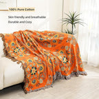 Boho Throw Blanket, 100% Cotton Muslin Breathable Soft Bed Throw - Floral Farmhouse Decor Blanket for Sofa Couch Chair and Gift. 60" x 80"- Orange