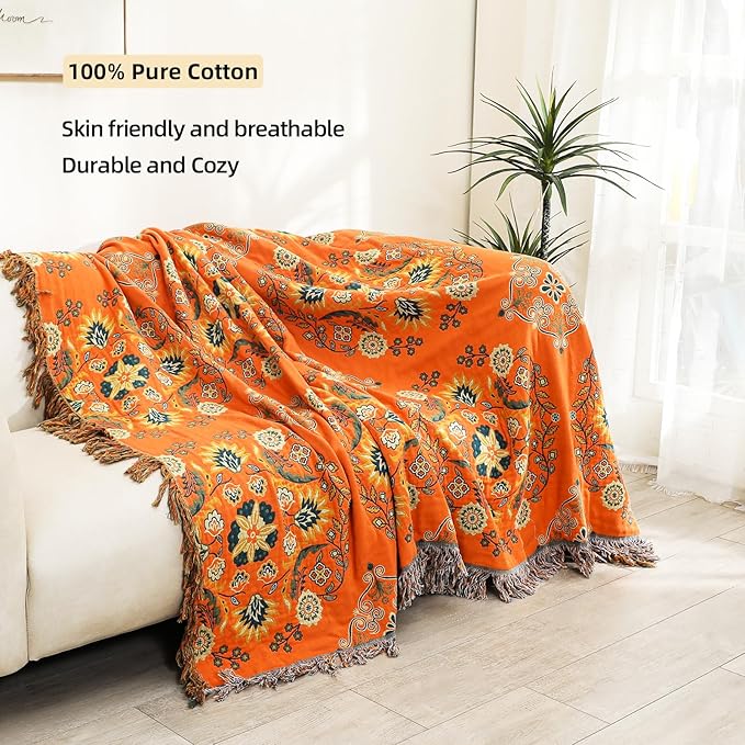 Boho Large Throw Blanket, 100% Organic Muslin Cotton Breathable Soft Bed Throw - Floral Farmhouse Decor Blanket for Sofa Couch Chair and Gift. 80" x 90"- Orange