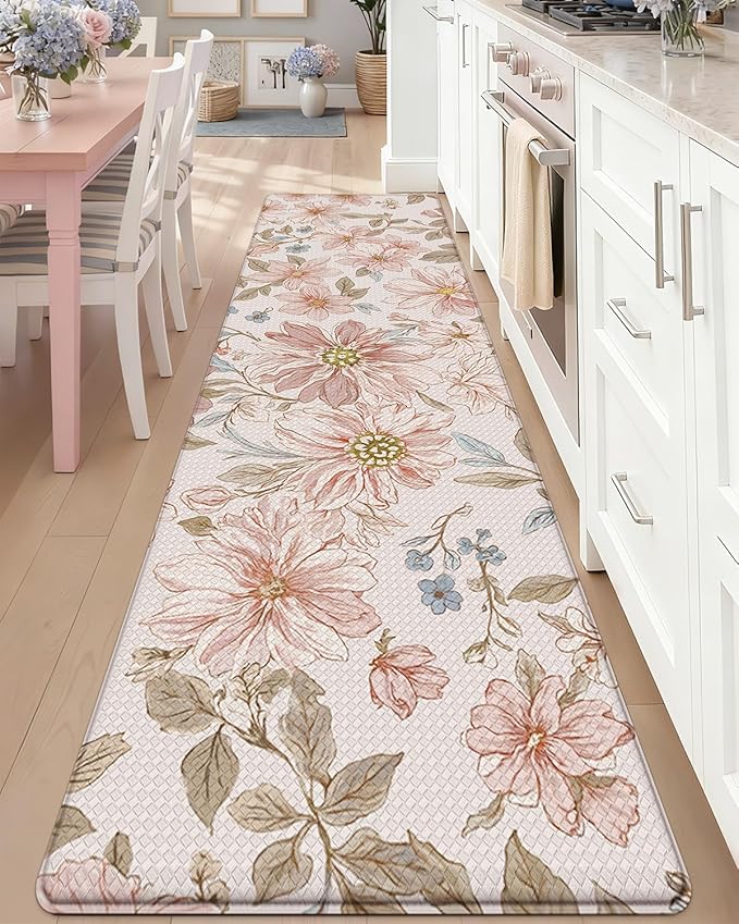 DEXI Kitchen Mats for Floor, 23x86, Cushioned Standing Mat Anti Fatigue, Wide Waterproof Comfort Floral Padded for Laundry Room Office, Pink