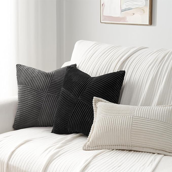 Topfinel 24x24 inches Black Euro Pillow Shams Set of 2 Corduroy Decorative Throw Pillow Covers for Bedroom Living Room, Windmill Textured Striped Patchwork Couch Pillow Covers 60x60 cm