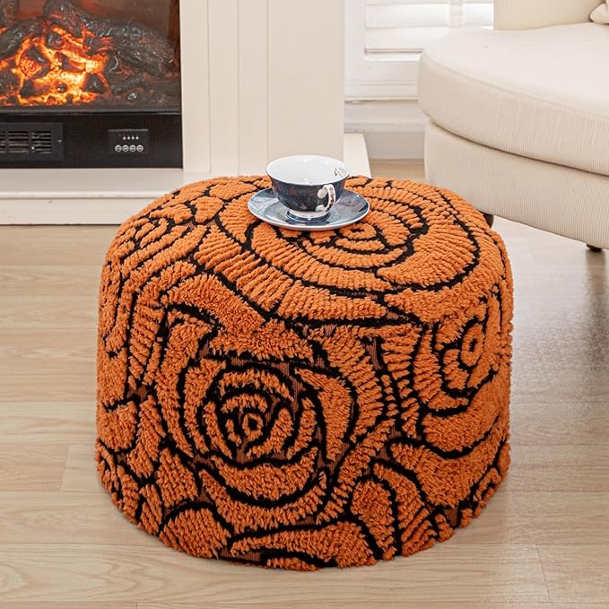 Asuprui Fluffy Flower Pouf Ottoman Cover Only – 20"x14" Round Plush Fuzzy Pouf Shell for Footrest, Stool or Floor Seat, Soft Removable Home Decor (No Insert Included) (Burnt Orange)