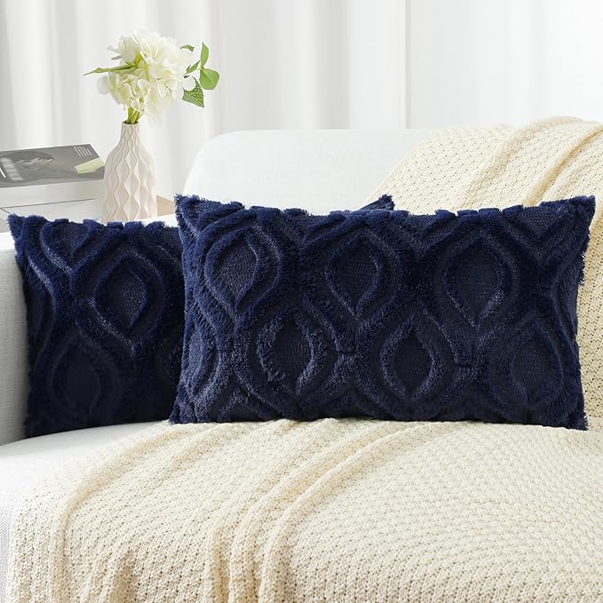 decorUhome Cozy Textured Throw Pillow Covers 12x20 Inch Set of 2, Soft Plush Faux Wool Navy Blue Accent Couch Pillow Covers for Modern Farmhouse Sofa Bed Living Room
